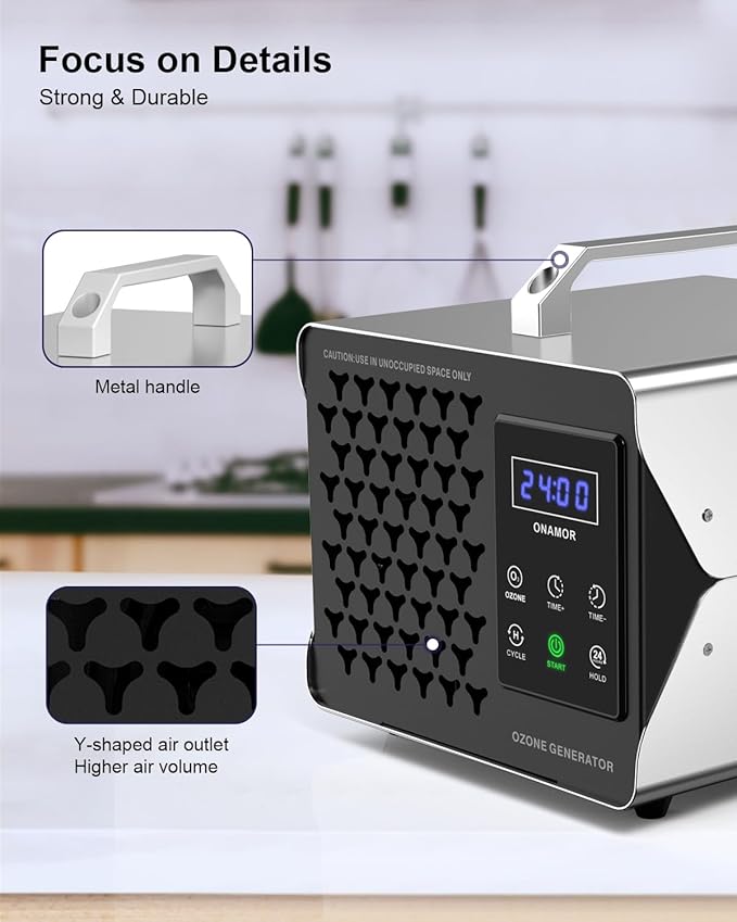 ONAMOR Digital Ozone Generator Odor Eliminator 180,000mg, High Capacity Ozone Machine Odor Removal Up to 8,000 Sq.Ft, Ozone Odor Eliminator, Ionizer Ozonator for Home, Car, Smoke, Pet Room (Sliver)