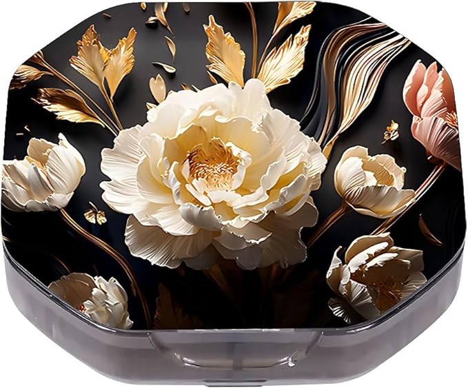 This Portable 3D White Peony Pattern 4 Compartment Pill Box Can Be Placed in A Pocket Or Wallet to Store Vitamins, Medicines Health Supplements Other Medications.