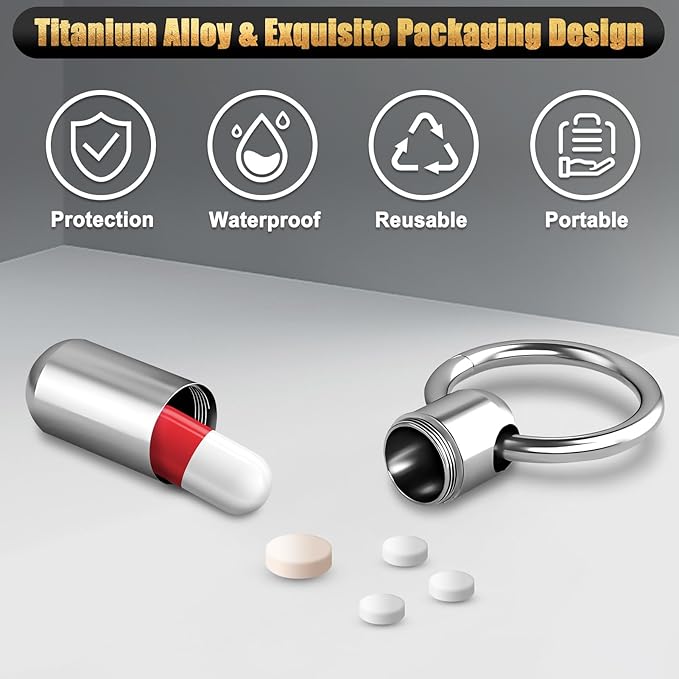 2-Be-Best Pill Holder with Keychain, Titanium Alloy Pill Container Keychain Waterproof Pill Case Portable Keychains Pill Holder Single Pill Case Pill Box for Travel Outdoor Gift Pills Container
