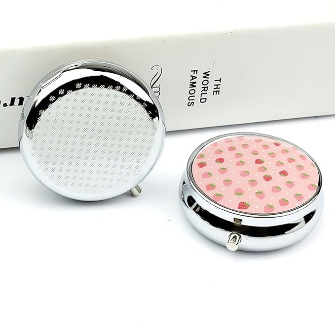 3 Compartment Pill Box, Round Medicine Pill Case, Cute Travel Pill Case, Decorative Portable Organizer for Pocket Compatible with Cute Pink Strawberry Polka Dot