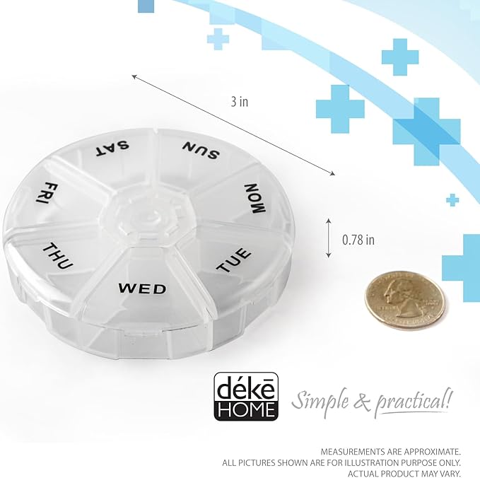 Deke Home - Round Portable Pill Box (2 Pack), Medicine Planner, Small 7 Day Weekly Travel Container, Medication, Vitamin Holder, Pillbox Organizer, Pill Dispenser, Daily Sorter & Reminder, BPA Free