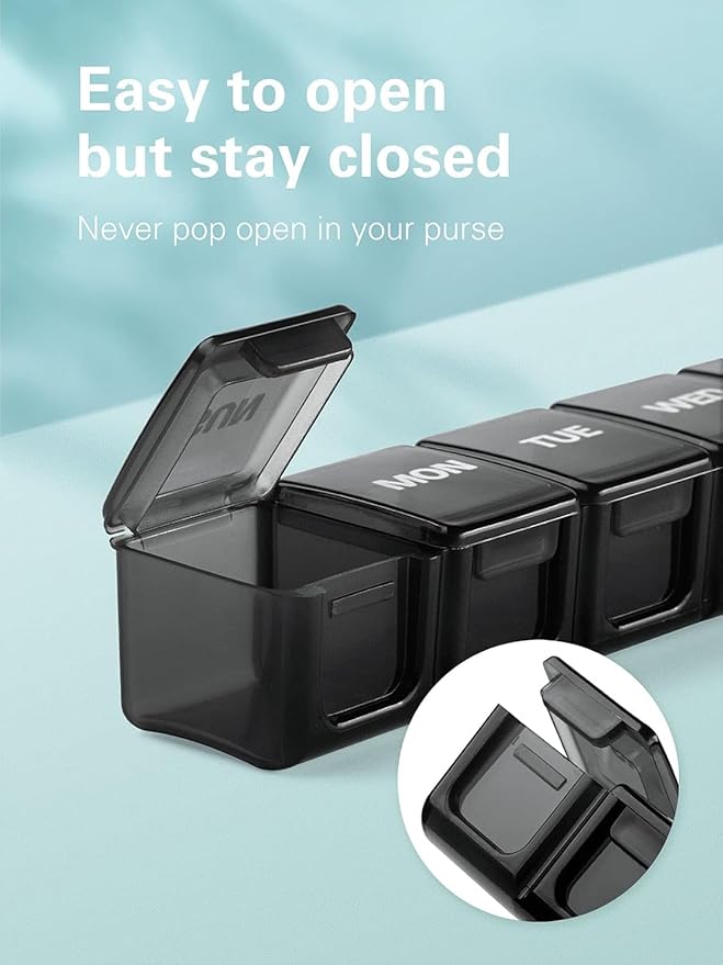 Sukuos Medium Large Weekly Pill Organizer – 7 Day Daily Pill Box, Easy-to-Open Medicine Container with Silkscreen & Clear Lid for Vitamins, Fish Oils or Supplements
