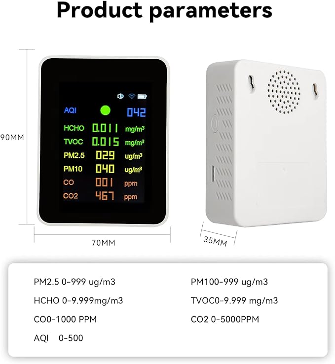 Air Quality Monitor,Indoor Air Quality Meters Detect AQI,CO2,CO,TVOC,HCHO,PM2.5,PM10 with WiFi and Date Display,Real Time Monitoring,Battery Powered,Home Air Test Kits (White)
