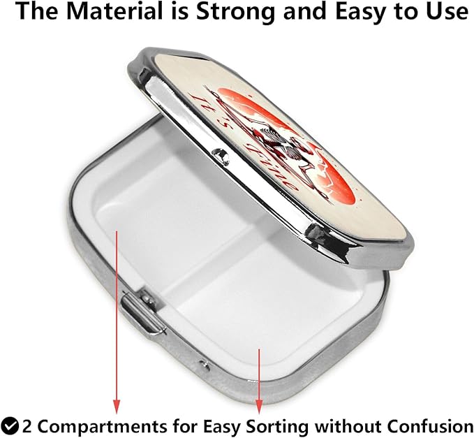 ABLESKY Pill Box, 2 Compartment Pill Organizer Case for Pocket or Purse, Small Portable Metal Travel Medicine Box with Mirror, Daily Vitamins Fish Oil Container-Skull Yoga It's Fine