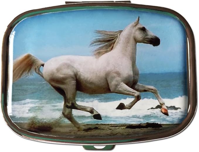 Majestic White Horse Two Compartment Travel Medicine Organizer for Pills, Vitamins, and Small Items – Durable Compact Pill Case (2 Inch Diameter)