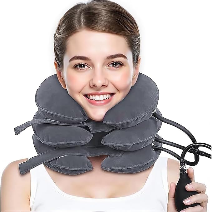 Neck Stretcher, Cervical Traction Device, Neck Traction Device, Cervical Neck Traction Device for Neck Pain Relief, Adjustable Inflatable Neck Brace, Neck Decompression Home Use (Gray)