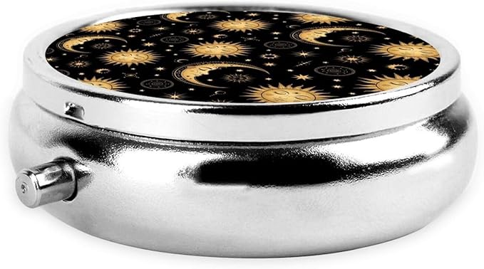 Small Pill Box, Waterproof Portable Daily Small Pill Case for Purses Pocket Compact Travel Medicine Holder for Vitamins,Fish Oils, Supplements, Sun Crescent Moon Stars Astrology Tarot Cards