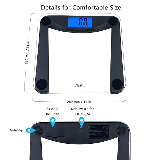 Vitafit Digital Bathroom Weight Scale for Body Weight, High Accuracy Assured by Weighing Professional Since 2001,Extra Large Blue Backlit LCD and Step-On, 400lb/182kg, Superb Black