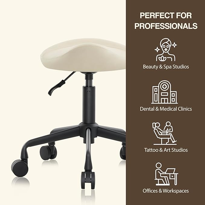 Ergonomic Saddle Seat Adjustable Pneumatic Hydraulic Drafting Swivel Rolling Stool Chair for Medical Hygienic SPA Massage Salon Home and Office - Hilo 508 (Vanilla, Standard)