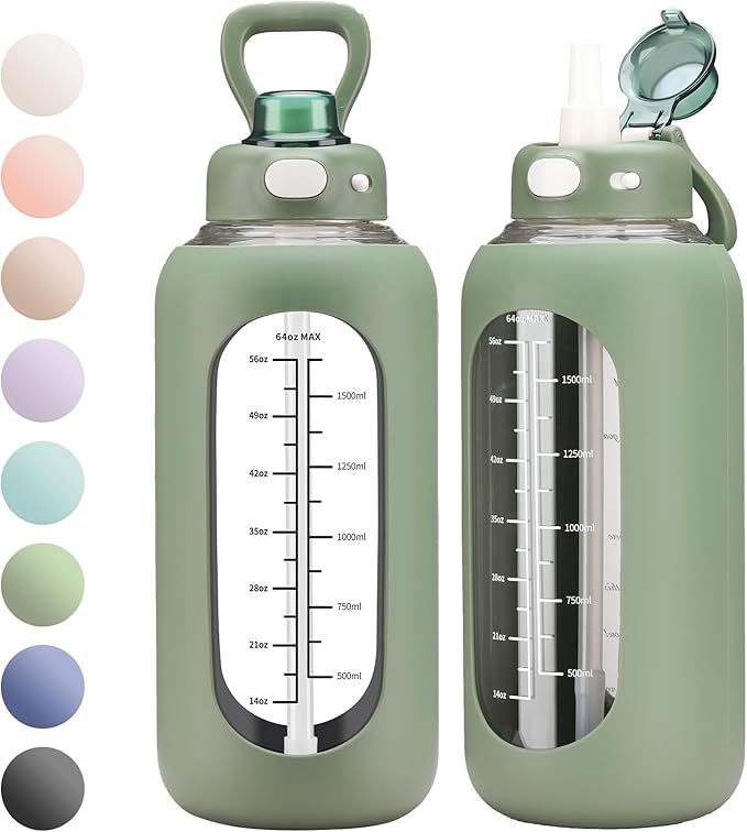 SIEROZUR 64 oz Glass Water Bottle with Straw and Handle Half Gallon Large Water Bottle with Silicone Sleeve and Time Marker Sports Water Jug Wide Mouth for Travel Gym