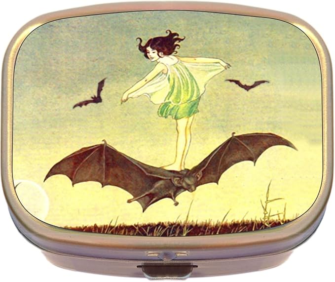 Girl Riding Bat Brass Rectangle Pill Box