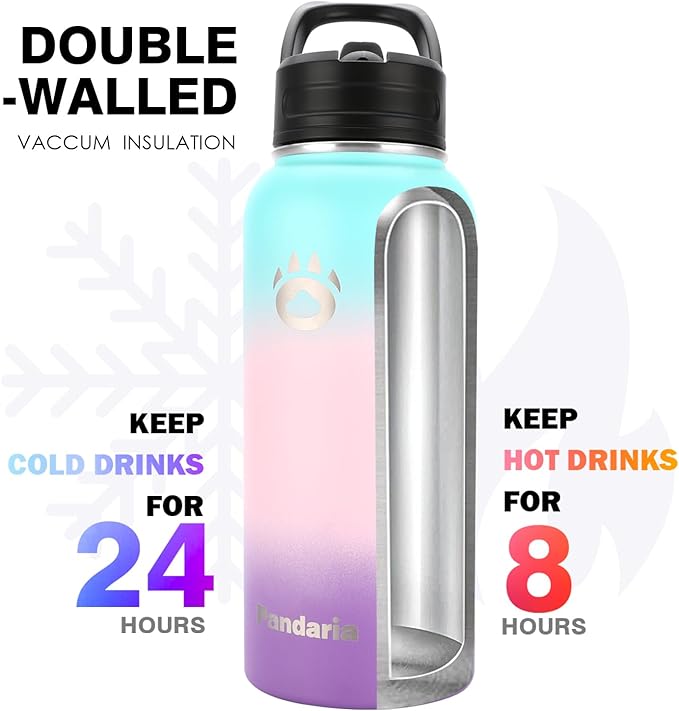 Insulated Water Bottle 32oz, Stainless Steel Water Bottle with Straw & Spout Lids & Paracord Handle | with Straw, Spout Lids, Paracord Handle