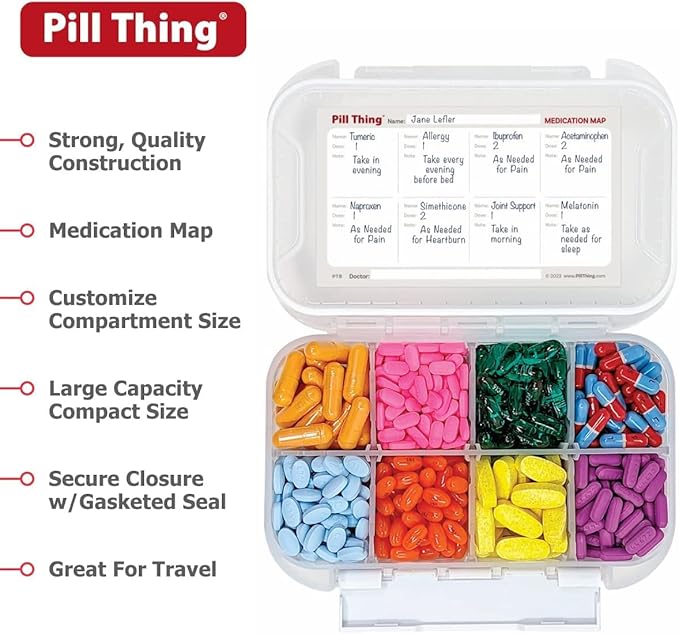 8 Time a Day Travel Sized Pill Case with Large Compartments and Airtight Seal, Adjustable Dividers, Silicone Gasket Waterproof Med Box, Numbered Stickers and Medication Map (Clear, 4 Pack)