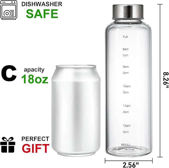 2 Pack Glass Water Bottles With Time Marker, 18 OZ Motivational Water Bottle with Non-slip Sleeve, Beverage Bottles with Hydrating Reminder, Reusable Drinking Bottle for Hot and Cold Drinks