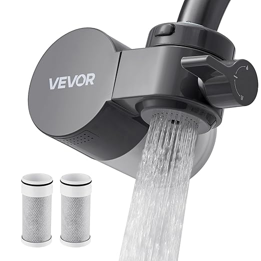 VEVOR Faucet Mount Water Filter, Horizontal Water Purifier for Sink Tap, NSF Certified Carbon Fiber Filter, Removes Chlorine Lead with 3 Filters, Fits Most Kitchen or Bathroom Faucets, Gray