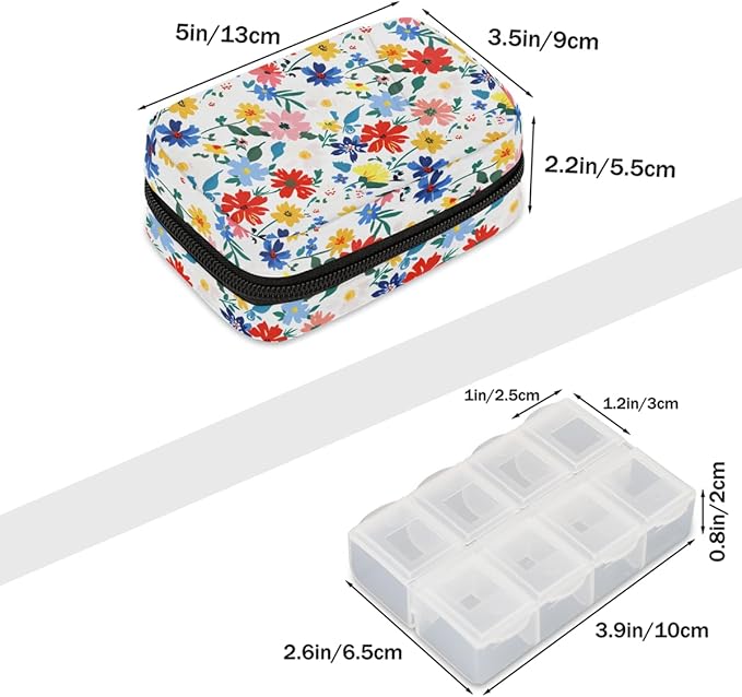 Wildflowers Watercolor Pill Case Everyday Travel, 7 Day Weekly Medicine Pill Box Compact Portable Pills Bottle Organizer with Zipper for Daily Vitamin Medicine Holder Bottle Organizers Bag
