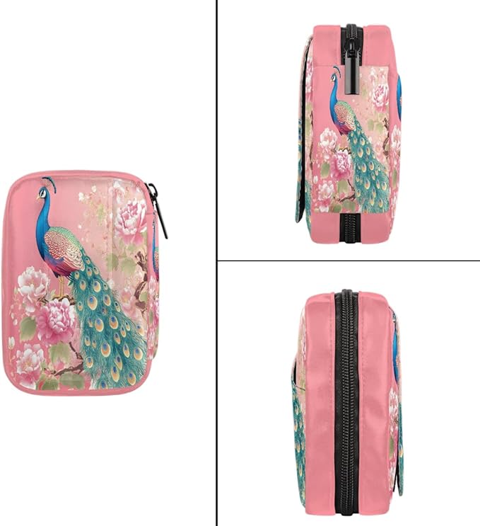Pink Flower Peacock Pill Case Travel Pill Organizer Weekly 7 Day Portable with Zipper Medicine Box Pill Case for Vitamins, Birth Control,Fish Oils,Medication, Supplements