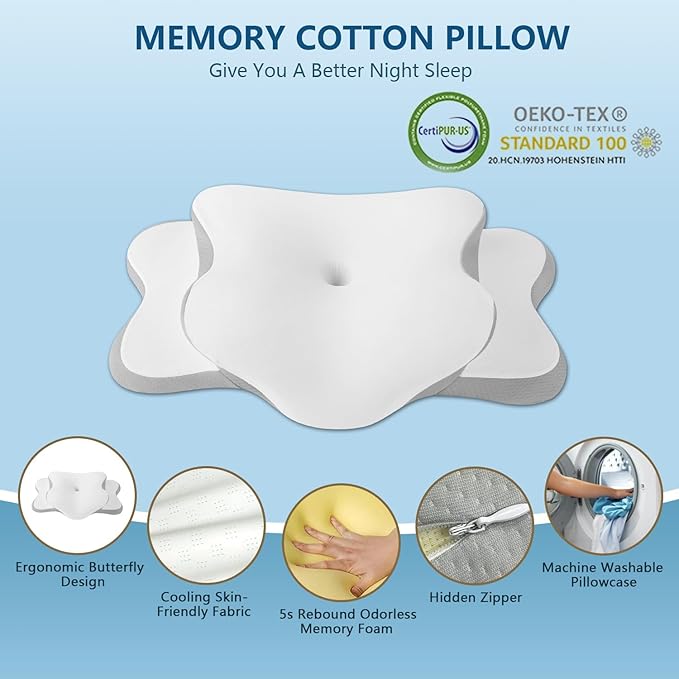 Cervical Neck Pillow for Sleeping | Ergonomic Pillow for Sleep Apnea, Neck Pain, and Snoring Relief | Contour Memory Foam with Ergonomic Support, White