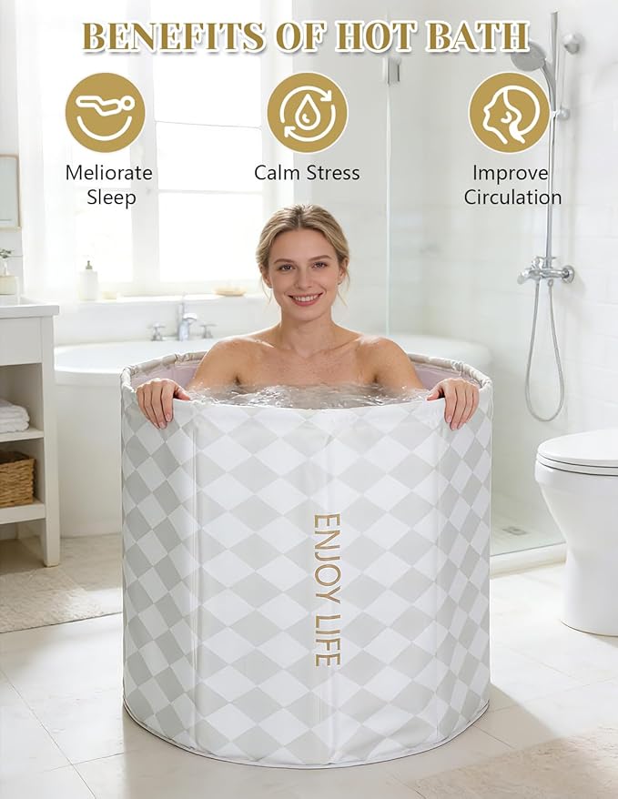 Portable Bathtub for Adults, Collapsible Freestanding Bathtub for Shower, Hot Ice Bath Tubs with Thickened Thermal Foam to Keep Temperature, PVC Outdoor Soaking Tub (Argyle)