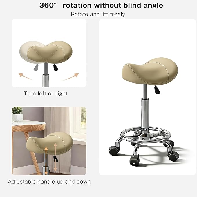 Saddle Stool with Ring Pedal, Adjustable Hydraulic Rolling Chair with Wheels for Medical, Massage, Salon, Spa, Kitchen, and Drafting Use
