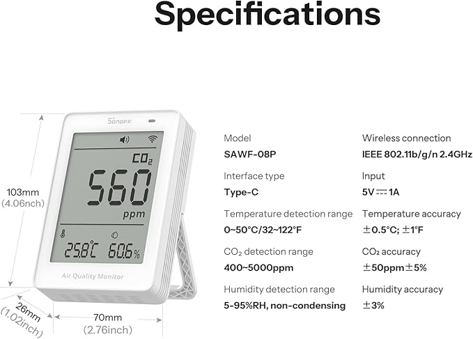 SONOFF AirGuard CO2, Smart Indoor Air Quality Monitor, Matter Compatible, 2.4GHz WiFi, Carbon Dioxide Detector for CO2/Temp/Humidity, Real-Time Display & Alarm, for Bedroom, Nusery Room