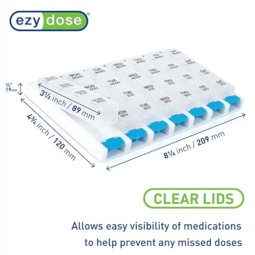 EZY DOSE Weekly (7-Day) Daily Pill Case, Medicine Planner, Vitamin Organizer Container, 4 Times a Day, Small Removable Compartments, Covenient and Easy to Use, Color May Vary, Clear Lids, BPA Free