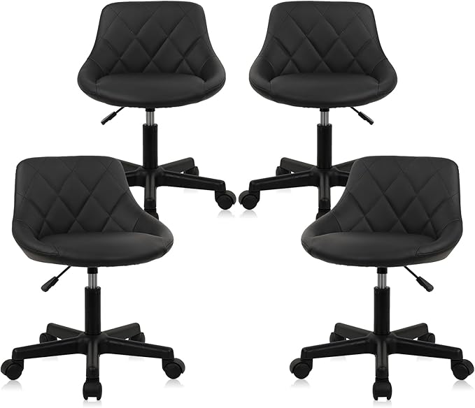 Low Back Small Rolling Stool with Backrest - 360° Swivel Chairs with Wheels, Adjustable Height Armless Vanity Chair, Thickened Seat Cushion Stool Chairs for Spa, Shop, Salon, Massage, Black, 4 Pack