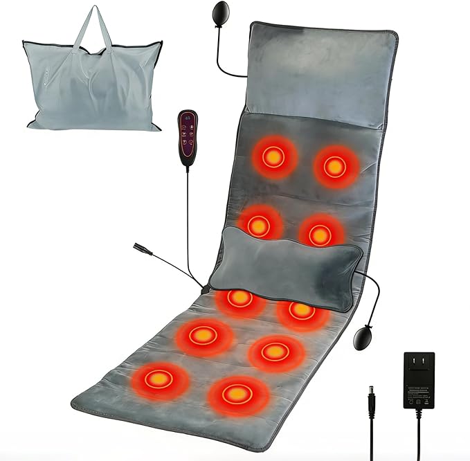 Full Body Massage Mat with Heat, Electric Heating Pad Massage Mat with Inflatable Head Pillow Lumbar Pillow, Massage Chair Pad with 10 Vibrating Motors, 9 Massage Modes and 3 Heating Settings