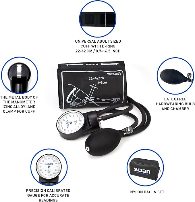 SCIAN Aneroid Sphygmomanometer - Manual Blood Pressure Cuff with D-Ring Universal Cuff 10-16"", Carrying Bag for Nurse Doctor Senior Adult(Black, Stethoscope Not Included), Large