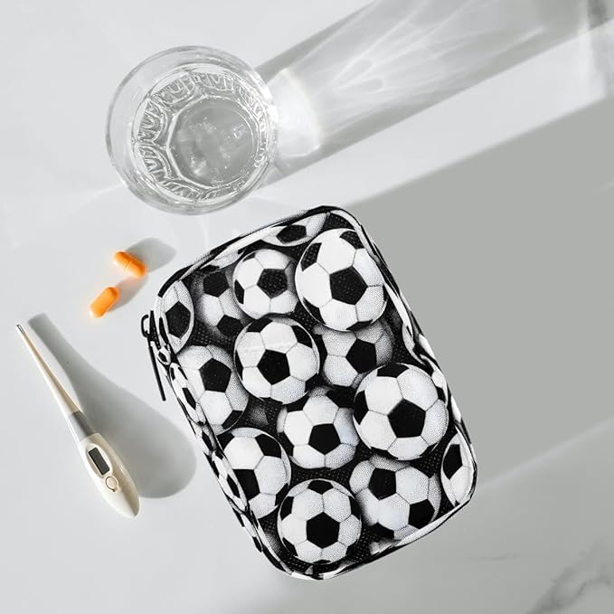Football Black White Pill Case Everyday Travel, 7 Day Weekly Medicine Pill Box Compact Portable Pills Bottle Organizer with Zipper for Daily Vitamin Medicine Holder Bottle Organizers Bag