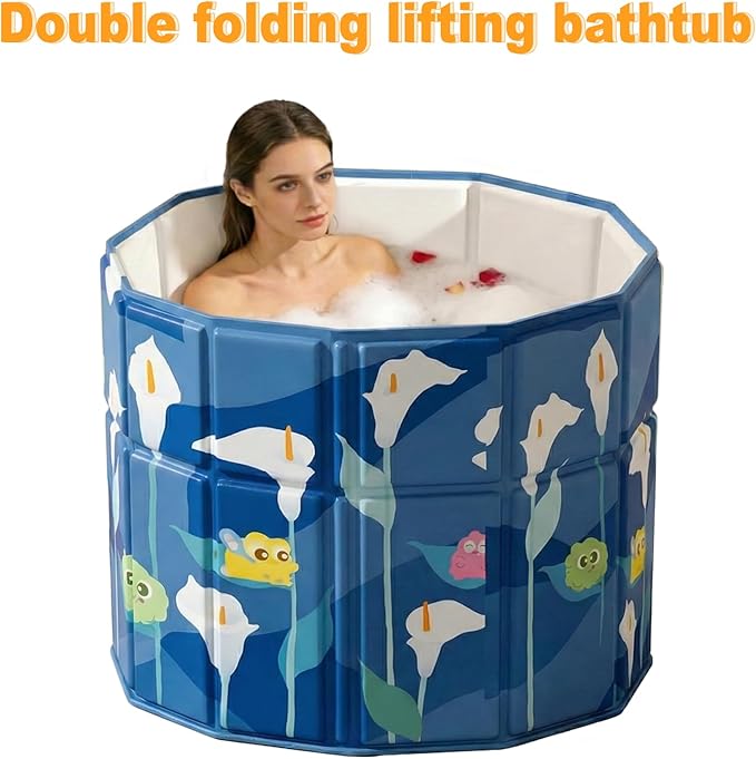 Quivora 27.5" Portable Bathtub for Adults, Seniors, Kids & Pets, Inward Folding Edge for Easy Step-In, 2-in-1 Ice Bath & Hot SPA Collapsible Soaking Tub (Blue, 27.5x26")
