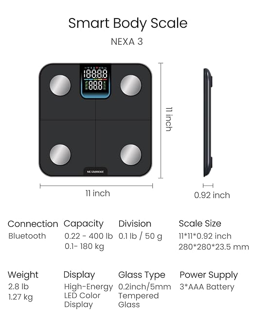 Smart Scale for Body Weight, BMI, Body Fat, Muscle Mass, 7-in-1 Large Display Digital Bathroom Scale, 25 Body Composition Analysis, Sync App, Bluetooth, 400 lbs - Nexa 3