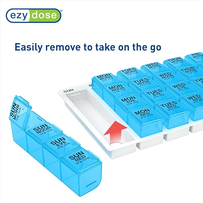Ezy Dose Weekly (7-Day) Pill Organizer, Vitamin and Medicine Box, Large Pop-Out Compartments, 4 Times a Day, Blue