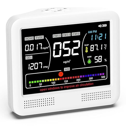 Air Quality Monitor Indoor, 16 in 1 Air Quality Tester for CO2 Monitor, TVOC, PM1.0 PM2.5 PM10, HCHO Temperature Humidity & Time, AQI Monitor with Alerts for Home (PureWhite)