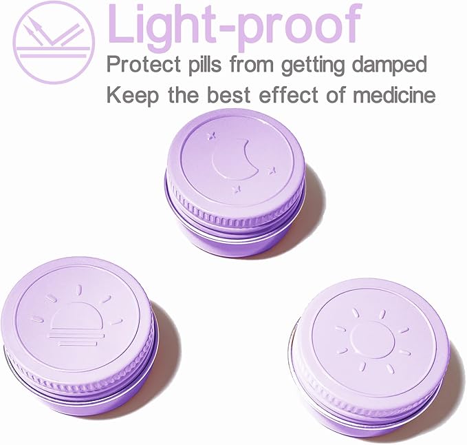 Extra Small Single Pill Box for Purse (3 Pack), Aluminum Screw Top Pill Container, 3 Times a Day Portable Waterproof Single Pill Case for Vitamins, Fish Oils, Supplements (Light Purple)