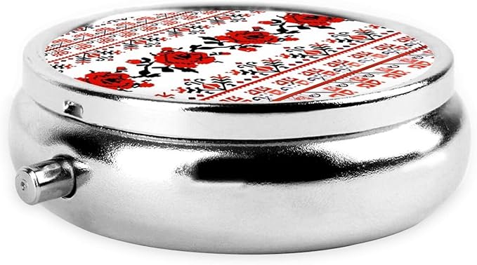 Ukrainian Embroidery Style Rose Printed Round Travel Pill Box Cute Small Metal Pocket Pill Case for Men & Women 3 Compartment Portable Pill Organizer for Purse or Pocket