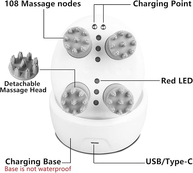 Electric Scalp Massager with red Light Therapy,Waterproof Head Massager with 108 nodes,4 Modes,Wireless Charging to Relieve deep Tissue Pressure