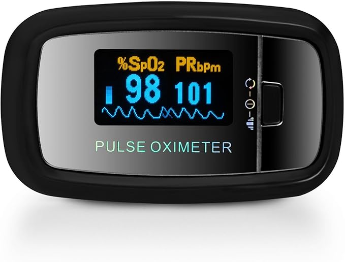 AccuMed CMS-50D1 Fingertip Pulse Oximeter Blood Oxygen Sensor SpO2 for Sports and Aviation. Portable and Lightweight with LED Display, 2 AAA Batteries, Lanyard and Travel Case (Black)
