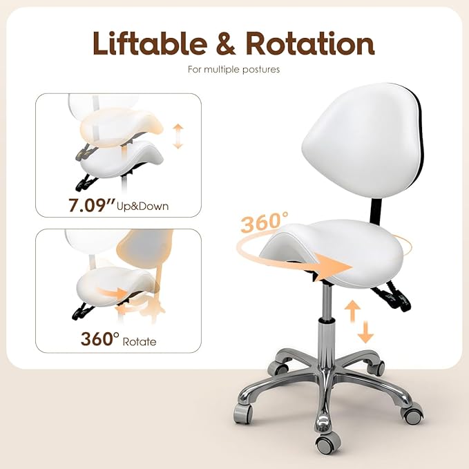 Saddle Stool Rolling Chair for Medical Massage Salon Kitchen Spa Drafting,Adjustable Hydraulic Stool with Wheels (White, with Backrest)