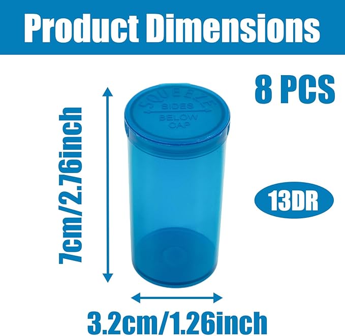 8 Pack Empty Plastic Pill Bottles with Pop Top Caps, Airtight Multi-Purpose 13 Dram Pill Container for Medicines, Supplements, or Any Small Items (Blue Transparent)