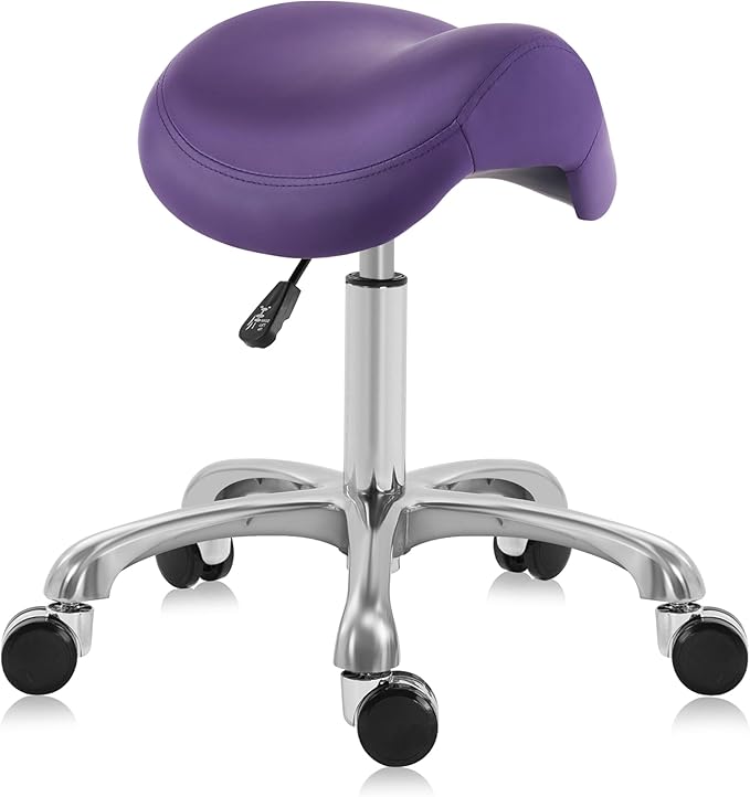 Haku 506 Series Ergonomic Saddle Stool, Adjustable Pneumatic Swivel Rolling Stool with Wheels for Salon, Medical, Spa, Tattoo, Home and Office, English Violet