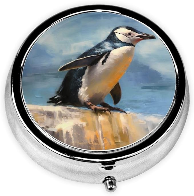 Watercolor Penguin Cliff Pill Box 3 Compartment Pill Case, Portable Medicine Pill Organizer for Pocket Purse Pill Box Decorative Metal Medicine Vitamin Organizer