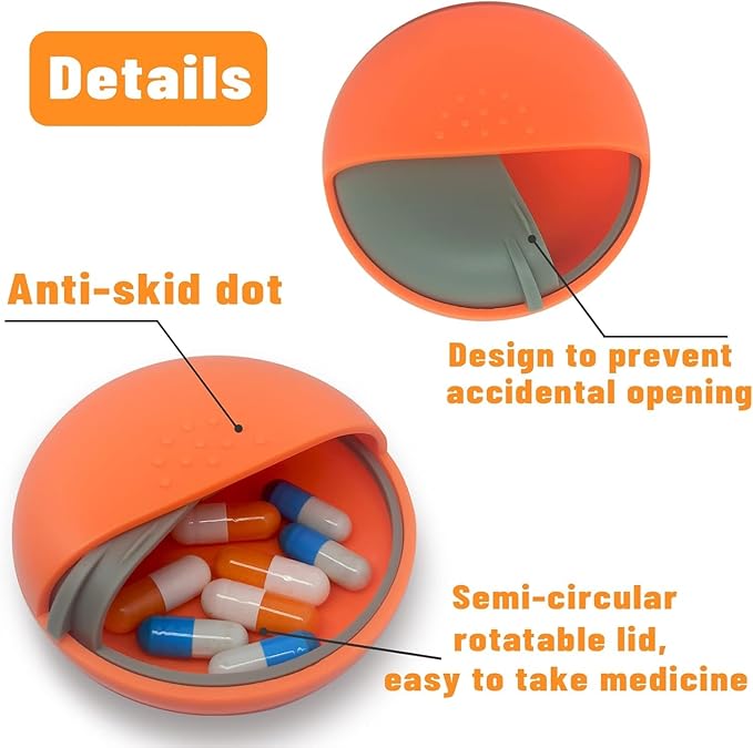INVODA Travel Pill Organizer Cute Round Pill Box for Purse Compact Medicine Container for Pills, Fish Oil, Vitamins & Supplements (Orange Box)