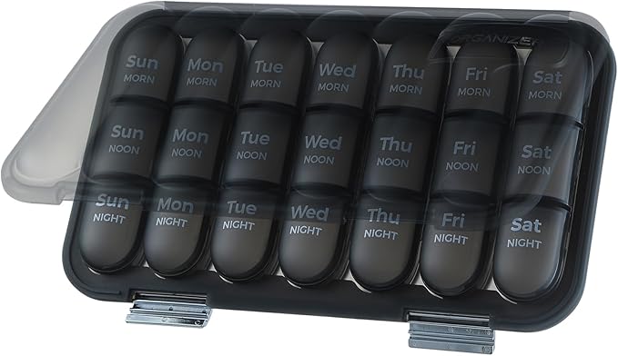 Moisture-Proof Weekly Pill Organizer, 3 Times a Day Large Capacity 7-Day Travel Pill Box with Labels, Double Protection Daily Medicine Container for Vitamins/Supplements - Black