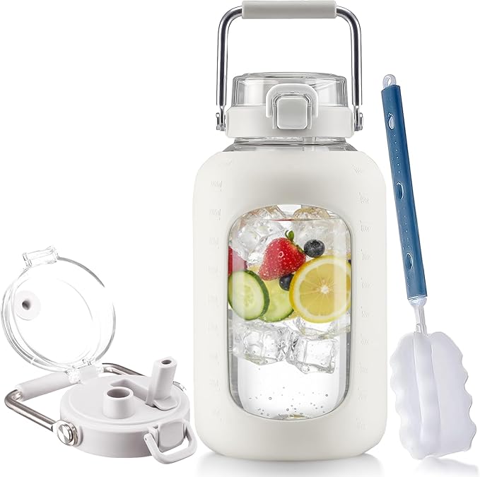 BLUEGO 100 oz Glass Water Bottle with Straw, Huge 3 Liter Water Bottle with Sturdy Handle, Glass Water Jug with Sleeve, Wide Mouth Water Container with Time Marker, White