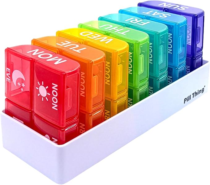 6 Times a Day, 7 Day Large Weekly Pill Organizer with Holder Tray, Vitamin, Medicine Box, Multicolor with Medical Alert Card (4X a Day - 2 Pack)