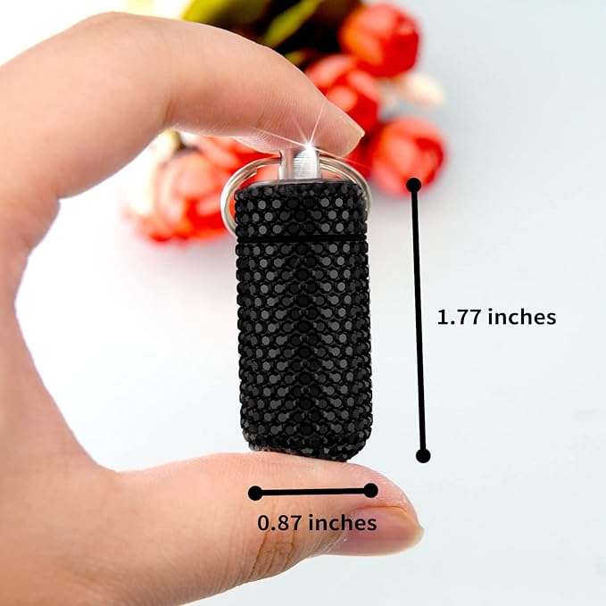 Yuchew Bling Pill Case Pill Container Rhinestone Pill Box Portable Waterproof Pocket Pill Holder Storage Bottle with Keychain for Travel, Outdoor, Camping (Black)