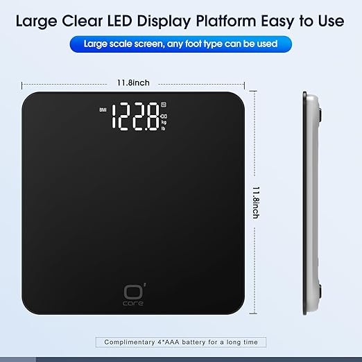 O'CARE Smart Scale for Body Weight and BMI Weighing,High Accuracy Digital Bathroom Scale with LED Large Display,Smart APP Sync Weight Scale 440lb (Black)