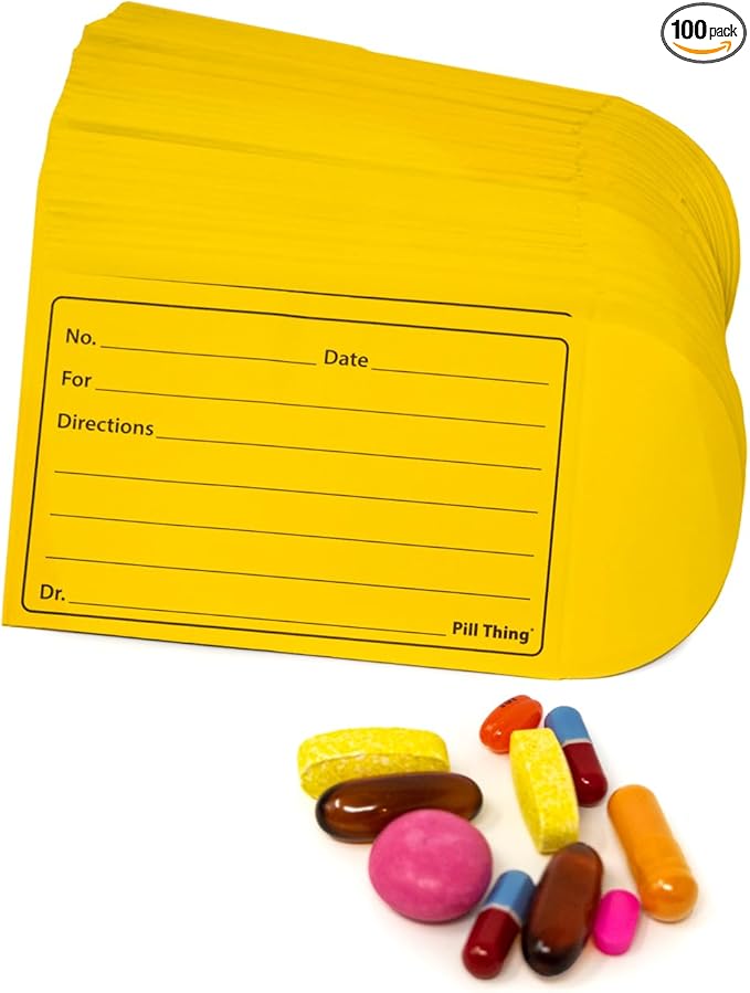 Peel and Seal Printed Pill Envelopes, 3.5" x 2.5", Easy-to-Fill Design, Secure Resealable Closure, Fits Various Medication Sizes (Yellow, 100 Pack)