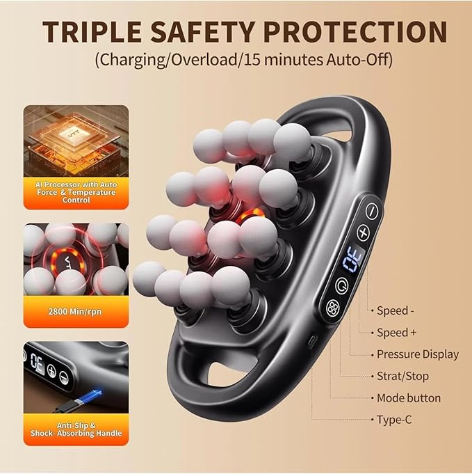 Msg - 16 Heads Deep Tissue Percussion Massager, Anti Fatigue Device, Red Light Quiet Therapy - Muscle Massage Gun for Back, Shoulders, Legs and Body Muscle Pain Relief